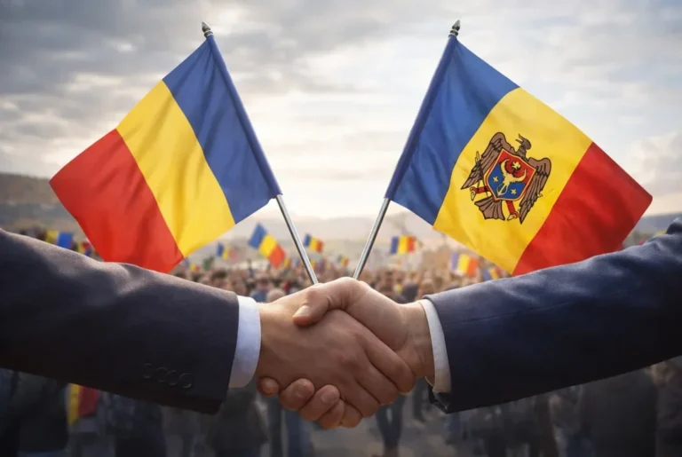 Рукостискання на тлі прапорів Румунії та Молдови серед натовпу, символ обєднання.