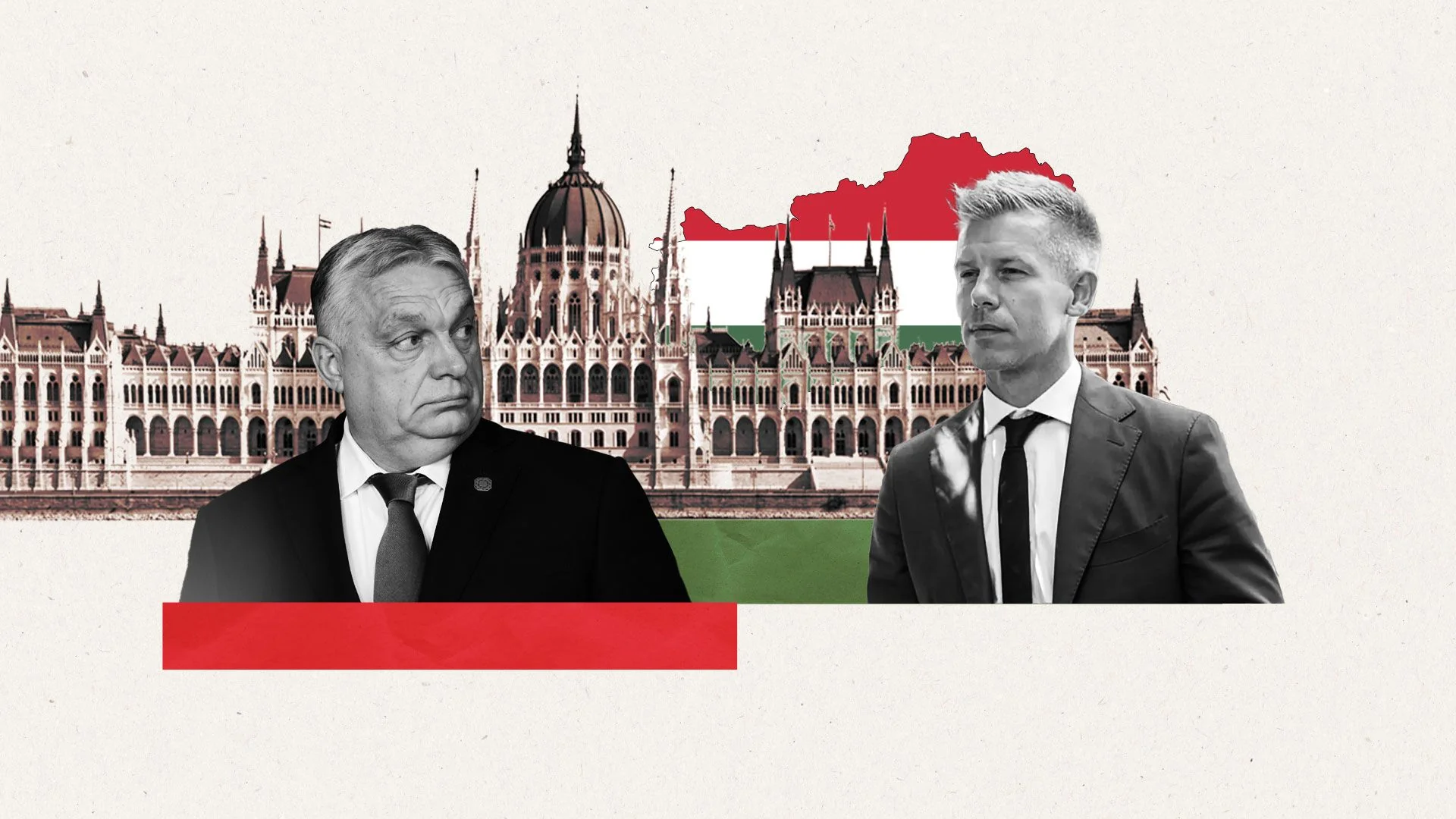 Петер Мадьяр и Виктор Орбан на фоне парламента Венгрии с флагом