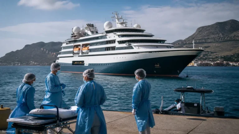 Медики з ношами біля лайнера MV Hondius у порту Тенерифе під час висадки пасажирів з хантавірусом