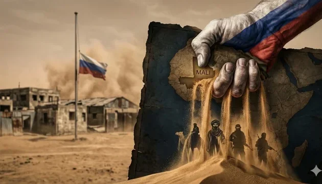 Российская рука сжимает карту Мали, песок сыплется сквозь пальцы в пустыне