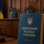 Цивільний кодекс України з молотком судді на тлі прапора