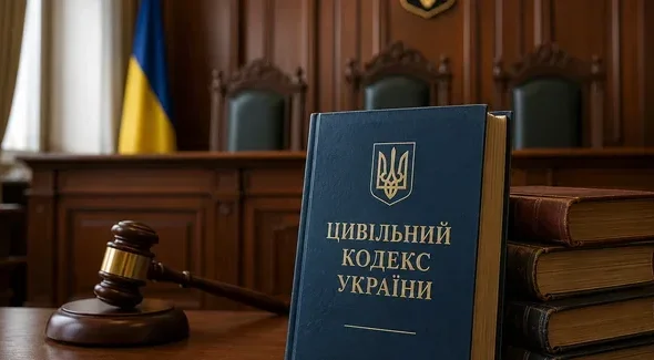 Цивільний кодекс України з молотком судді на тлі прапора