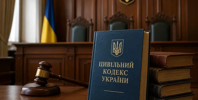 Гражданский кодекс Украины с молотком судьи на фоне флага