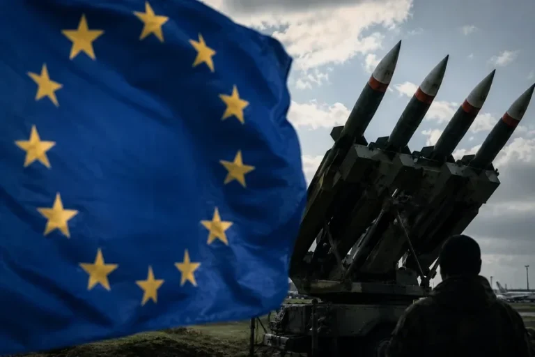 Прапор ЄС на тлі ракетної системи Patriot для України
