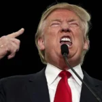 Дональд Трамп виступає з мікрофоном і вказує пальцем вгору