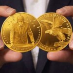 Чоловічі руки тримають дві золоті монети США з Трампом і орлом