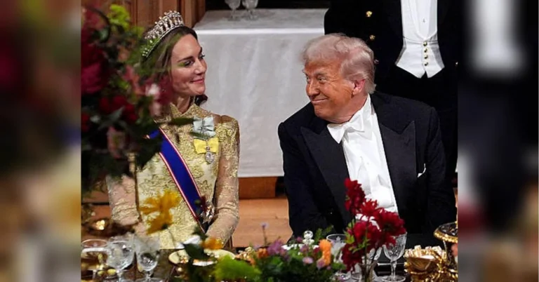 Принцеса Кейт у золотій сукні з тіарою дивиться на Трампа за бенкетним столом